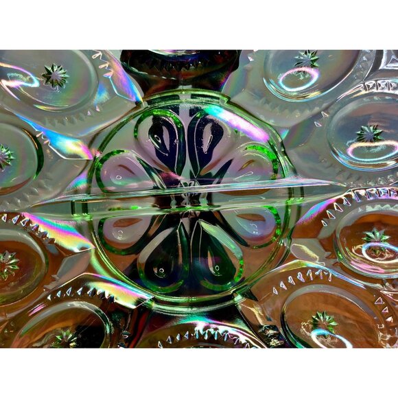 LE Smith Moon and Star Mint Green Carnival Glass Deviled Egg Plate - Picture 6 of 16